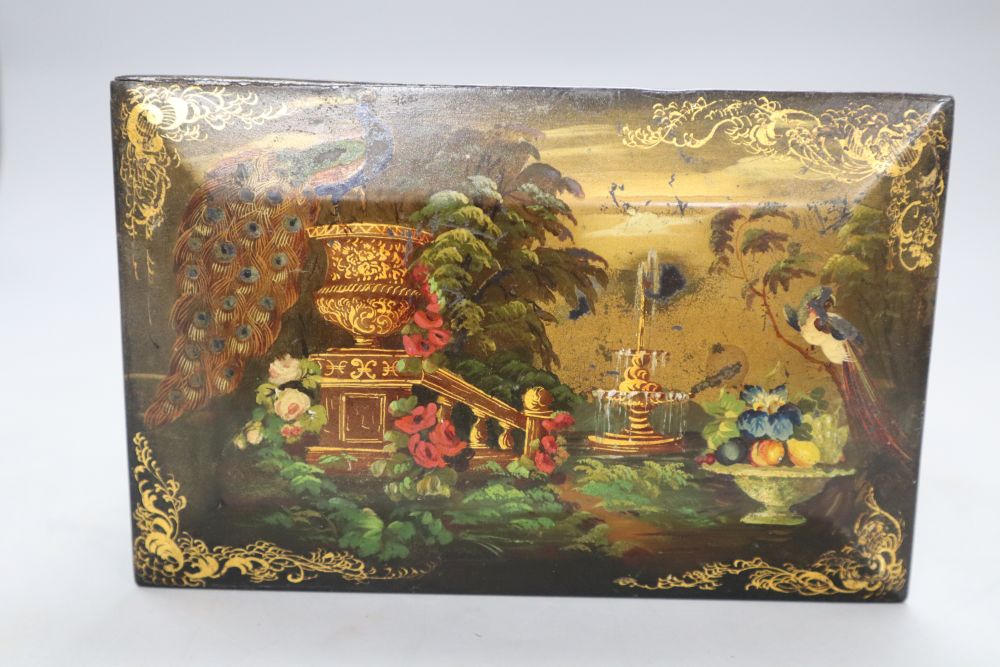 A Victorian floral painted papier mache tea caddy, length 20cm